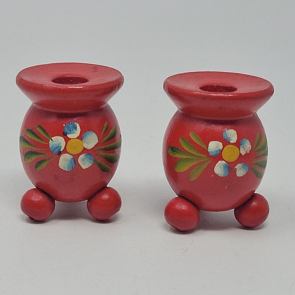 Pair of Vintage Swedish Folk Art Painted Daisy Red Wood Candle Holders Ball Feet